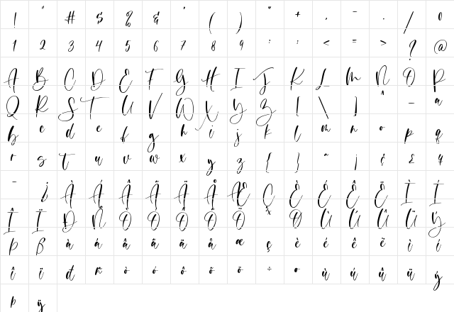Pashmina Regular  glyph index