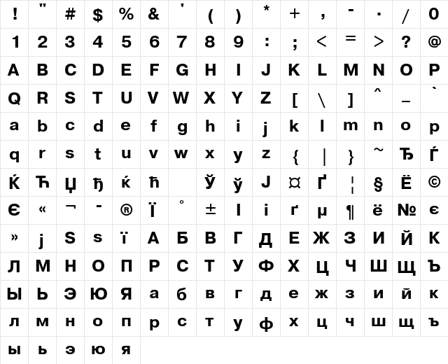 PragmaticaCTT Bold  glyph index