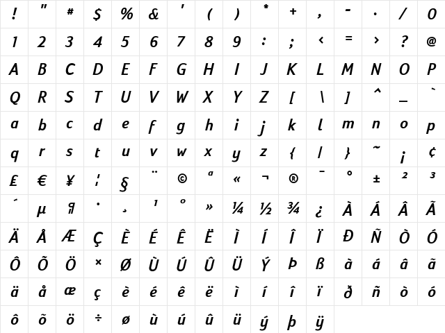 Fargo Bd DaMa Italic  glyph index