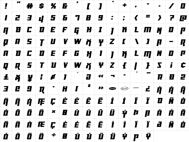 Danger Flight Expanded Italic Expanded Italic  glyph index