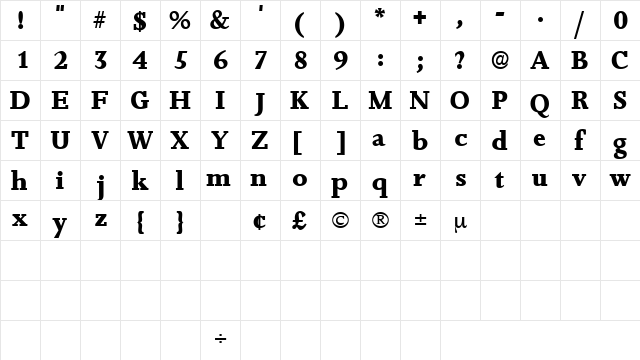 JuxtaDisplaySSK Regular  glyph index