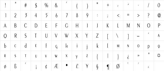 PEIGNOT-LIGHT-Thin Cn Regular  glyph index