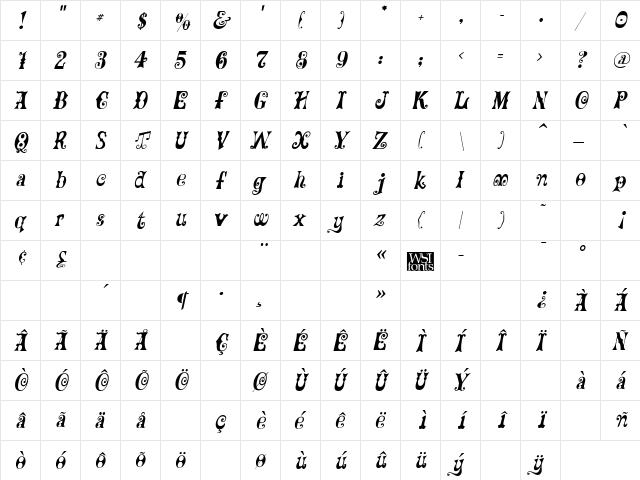 Frilly Italic  glyph index
