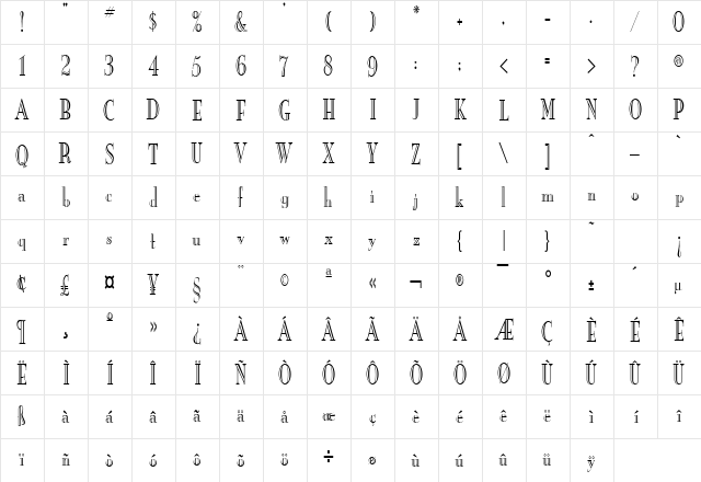 New Eng. Engr. Condensed Normal  glyph index