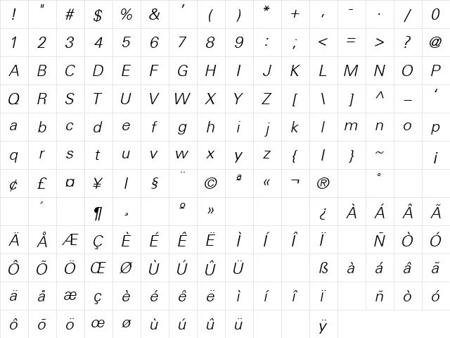 Univers Light Light-Italic  glyph index