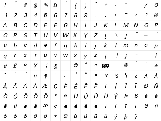 Universal Italic  glyph index