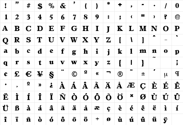 GranadaSerial-Heavy Regular  glyph index