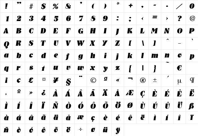 Nashville-HeavyIta Regular  glyph index