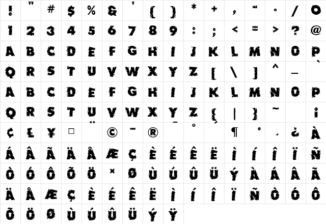 Earthquake MF Regular  glyph index