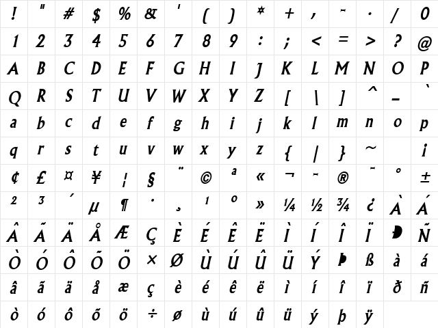 Flair Condensed BoldItalic  glyph index