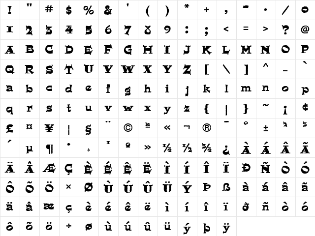 Quaint Medium  glyph index