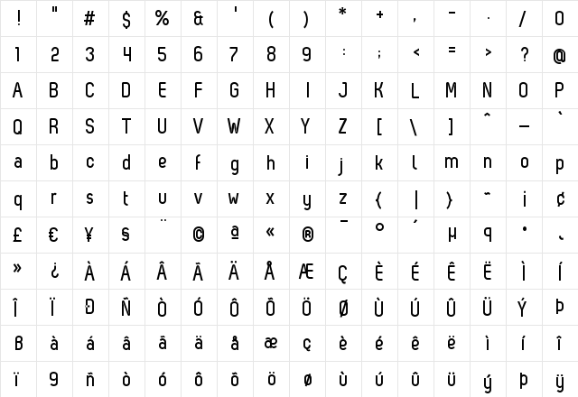 Zag Bold Regular  glyph index
