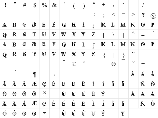 Fane Serane Regular  glyph index