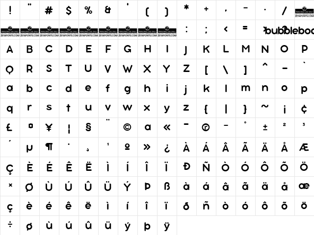 Bubbleboddy Neue Trial Regular  glyph index