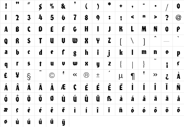 Bassette Normal Regular  glyph index
