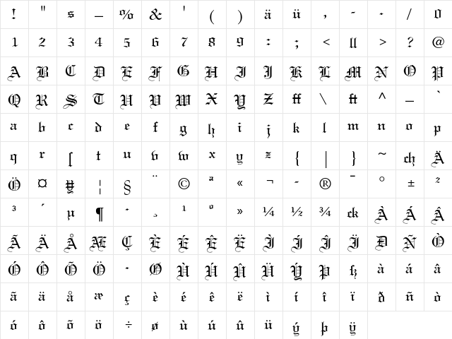Linotext Dfr  glyph index