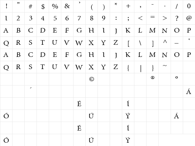 InfraRed Regular  glyph index