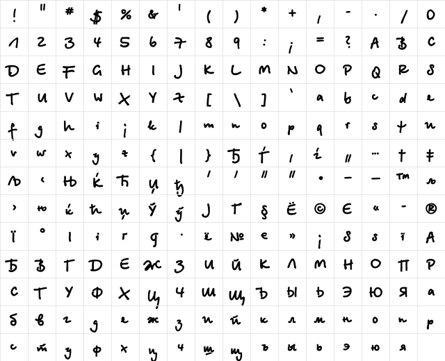 BetinaScriptExtraC Regular  glyph index