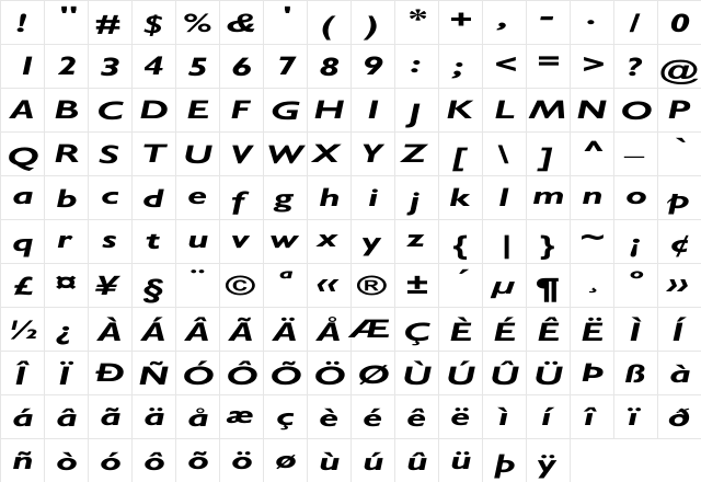 GillSans-BoldItalic Ex Regular  glyph index