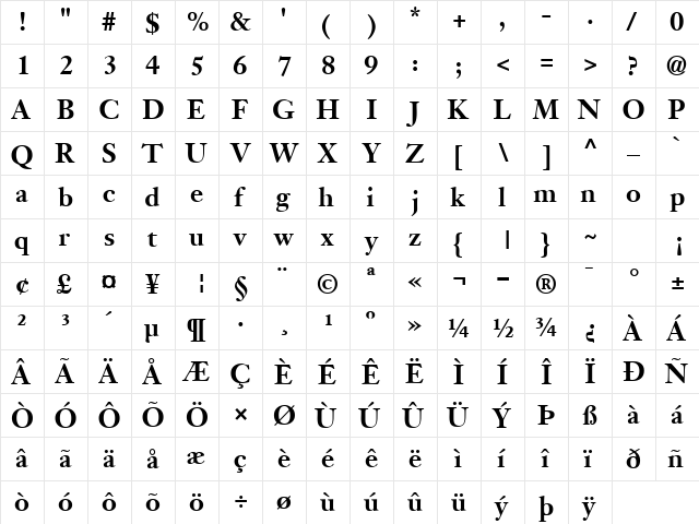 JansonSSK Bold  glyph index