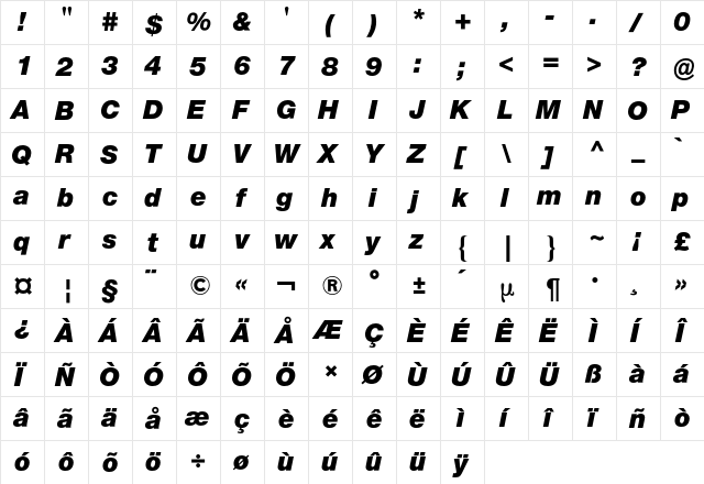 Neue Helvetica BQ Regular  glyph index