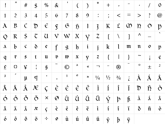 Clairvaux LT Regular  glyph index