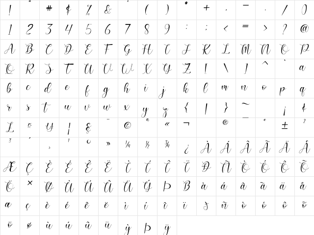 Gilbertho Regular  glyph index