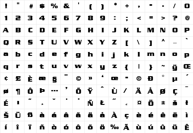 Serpentine-Bold Regular  glyph index