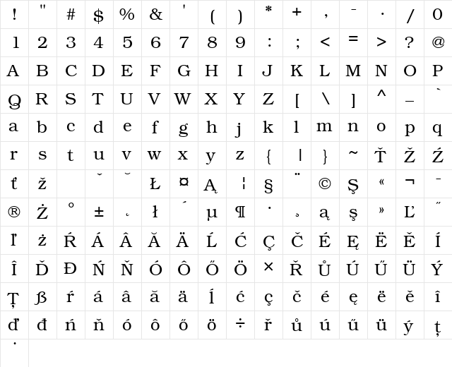 BookmanItcLEE Regular  glyph index