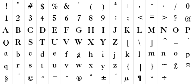 CaslonC 540 BT Bold  glyph index