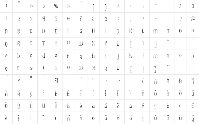 BuggyFont Regular  glyph index