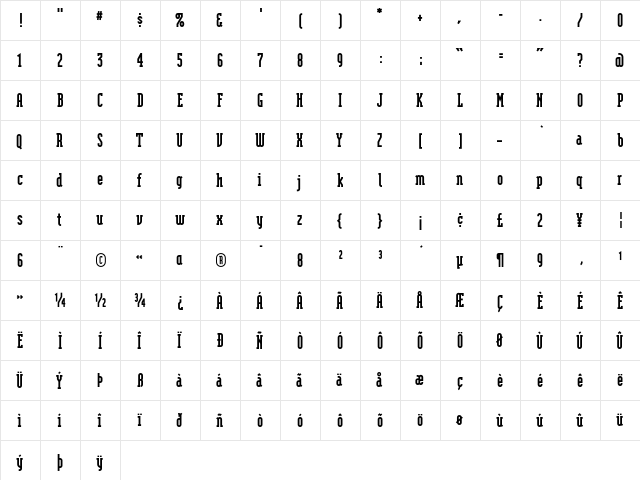 ModulaSerifBlack Regular  glyph index