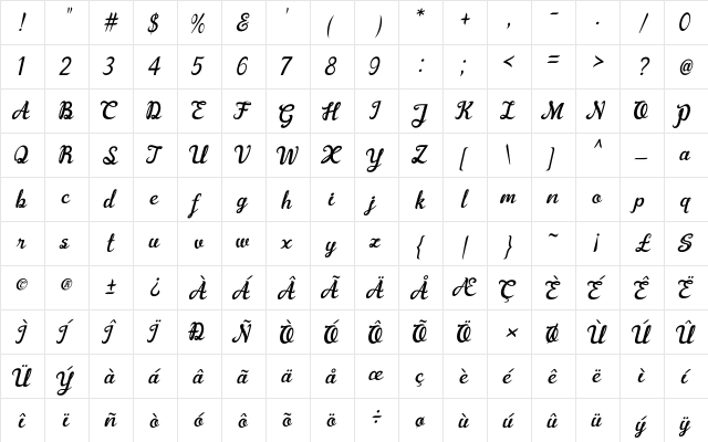 Arbalest Regular  glyph index