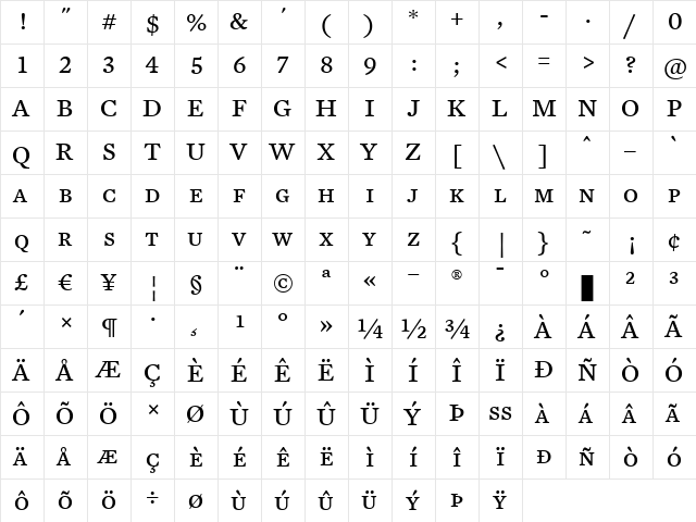 Mercury Text G4 Regular  glyph index
