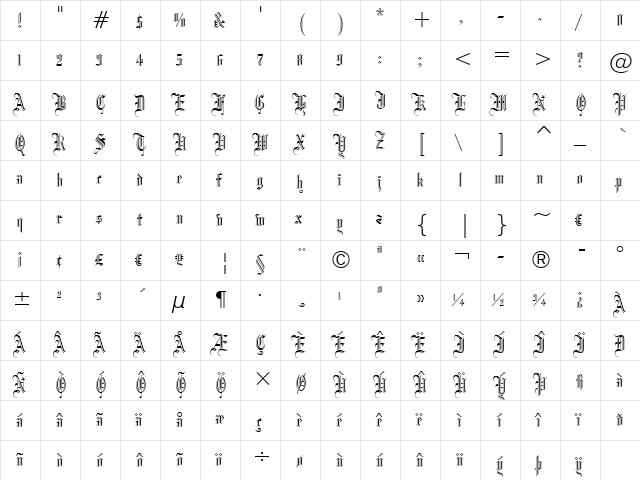 Blackletter686 BT Regular  glyph index