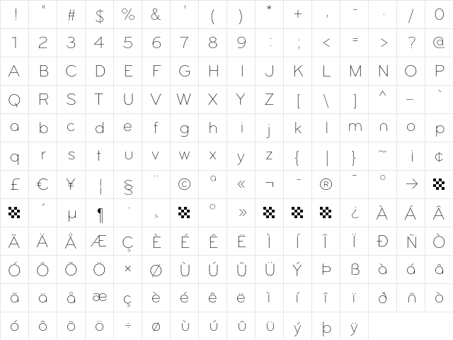 Bryant-LightAlt Regular  glyph index