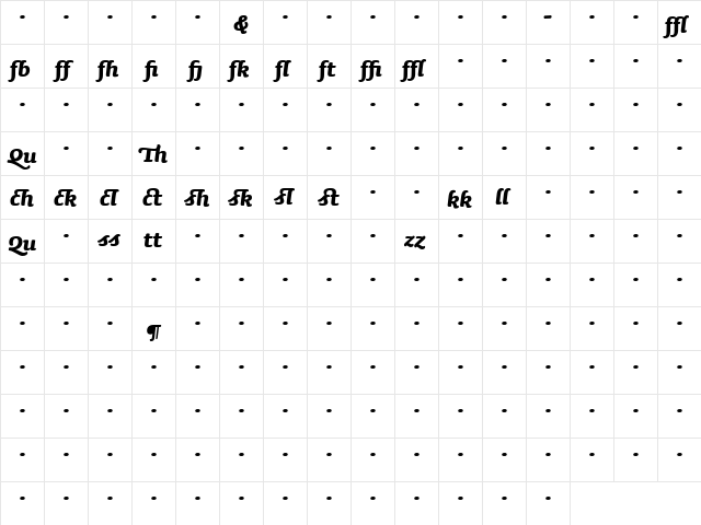 SaunaLigatures-BoldItalicSwash Regular  glyph index