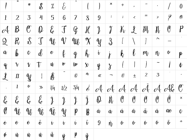 Adelia pasha Regular  glyph index