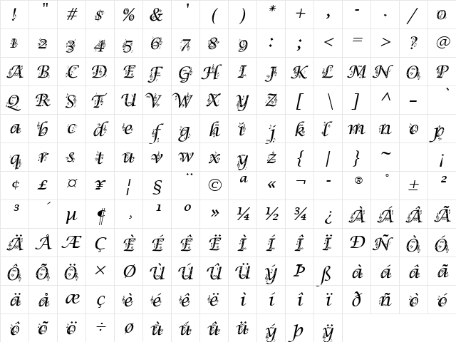 Lucida Calligraphy Italic  glyph index