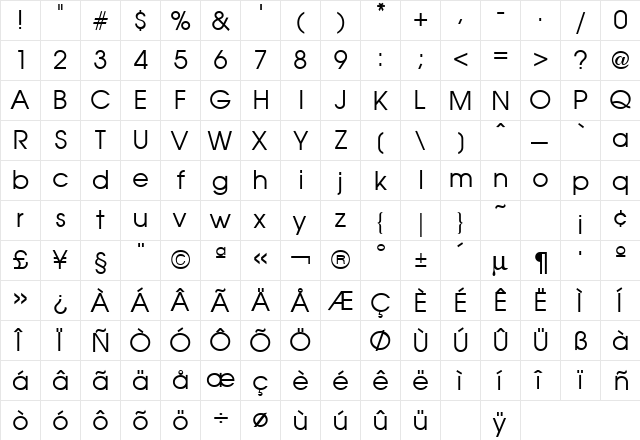 Avant Garde Regular  glyph index