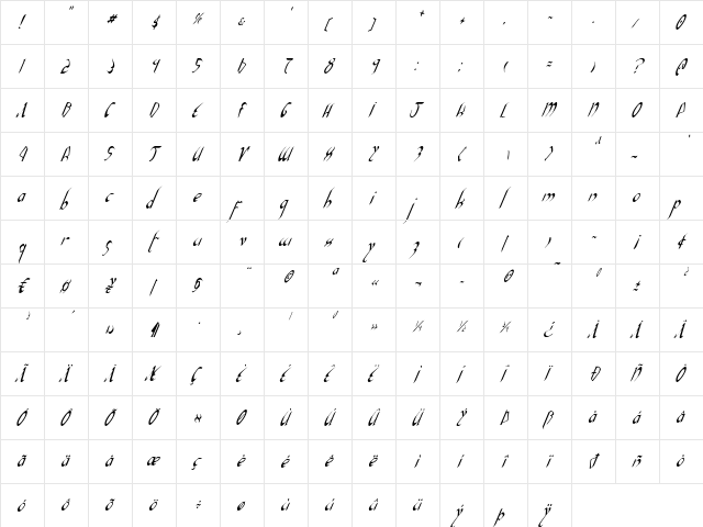 Xaphan II Condensed Italic Condensed Italic  glyph index