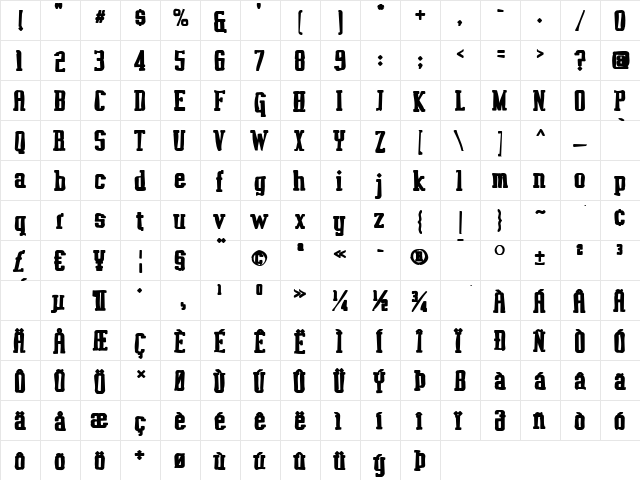 Vahika Ink Regular  glyph index