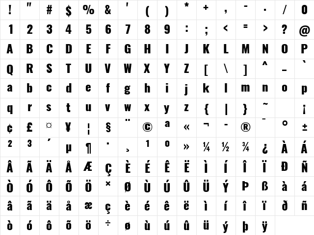 Oswald Heavy  glyph index