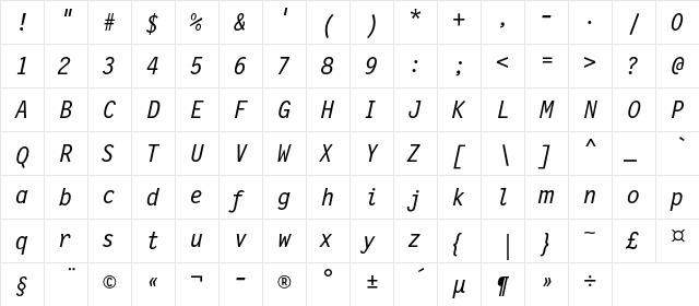 NewLetterGothicC Italic  glyph index