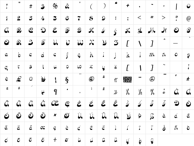 FunkyFaceUpright Regular  glyph index