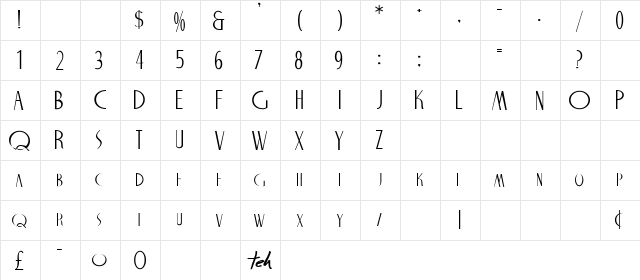 Nite Regular  glyph index