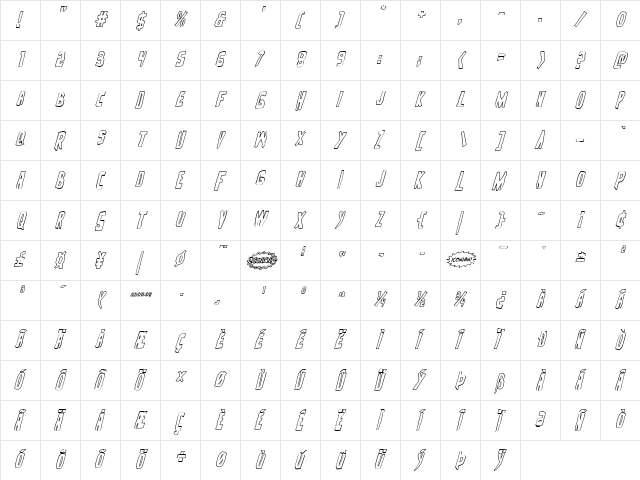 Zakenstein Outline Italic Italic  glyph index