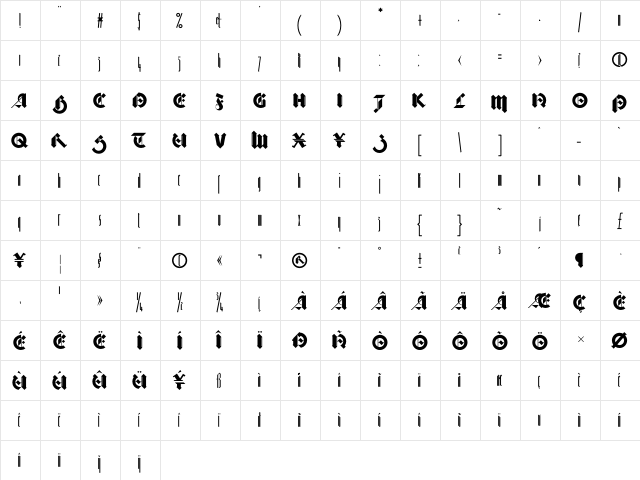 Bastard Regular  glyph index