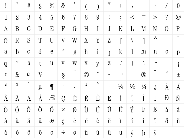CenturyLightCondSSK Regular  glyph index