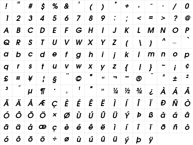 AvantGarde DemiOblique  glyph index